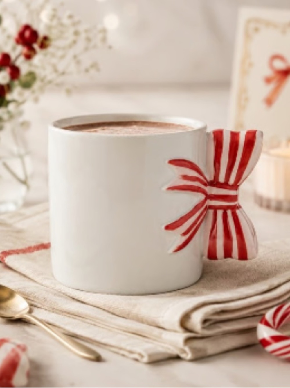 Stoneware Coquette Ceramic White Mug with Red Stripe Bow Handle